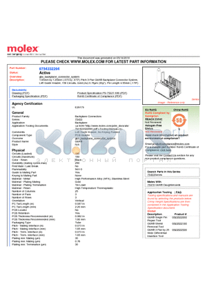 0754332204 datasheet - 1.85mm by 1.85mm (.073 by .073) Pitch 3-Pair GbX^ Backplane Connector System, Left Guide Header, 150 Circuits, Gold (Au) 0.76lm (30l), Pin Length 4.55mm (.179)