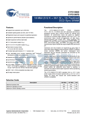 CY7C1387D-167AXC datasheet - 18-Mbit (512 K  36/1 M  18) Pipelined DCD Sync SRAM