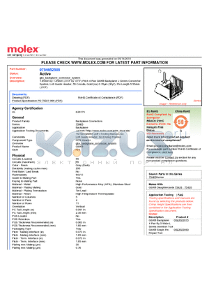 0754652505 datasheet - 1.85mm by 1.85mm (.073 by .073) Pitch 4-Pair GbX^ Backplane L-Series Connector System, Left Guide Header, 55 Circuits, Gold (Au) 0.76lm (30l)