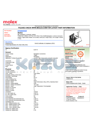 0754654504 datasheet - 1.85mm by 1.85mm (.073 by .073) Pitch 4-Pair GbX^ Backplane L-Series Connector System, Right Guide Header, 55 Circuits, Gold (Au) 0.76lm (30l)