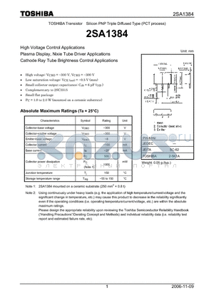 2SA1384 datasheet - High Voltage Control Applications Plasma Display, Nixie Tube Driver Applications Cathode Ray Tube Brightness Control Applications