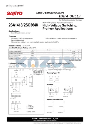 2SA1418 datasheet - High-Voltage Switching, Preriver Applications
