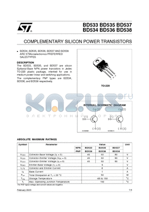 BD534 datasheet - COMPLEMENTARY SILICON POWER TRANSISTORS