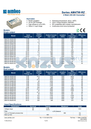 AM4TW-2405S-RZ datasheet - 4 Watt | DC-DC Converter