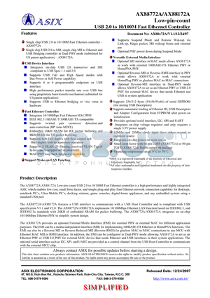 AX88172ATF datasheet - USB 2.0 to 10/100M Fast Ethernet Controller