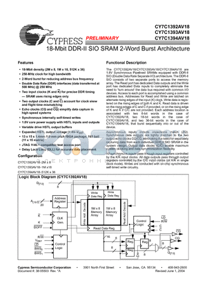 CY7C1393AV18-167BZC datasheet - 18-Mbit DDR-II SIO SRAM 2-Word Burst Architecture