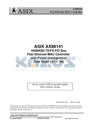 AX88141 datasheet - 100BASE-TX/FX PCI BUS FAST ETHERNET MAC CONTROLLER WITH POWER MANAGEMENT