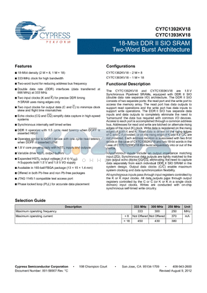 CY7C1392KV18-250BZXC datasheet - 18-Mbit DDR II SIO SRAM Two-Word Burst Architecture