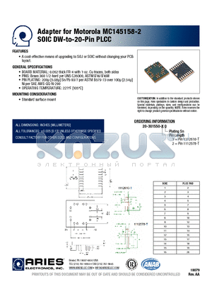 20-301550-20 datasheet - Adapter for Motorola MC145158-2 SOIC DW-to-20-Pin PLCC