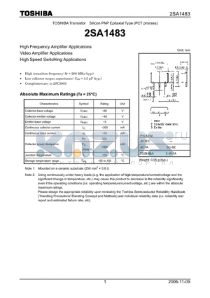 2SA1483 datasheet - High Frequency Amplifier Applications Video Amplifier Applications High Speed SwitcHing Applications