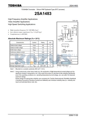 2SA1483_07 datasheet - High Frequency Amplifier Applications Video Amplifier Applications High Speed SwitcHing Applications