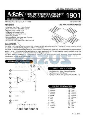 5962-9324601HX datasheet - HIGH SPEED/HIGH VOLTAGE VIDEO DISPLAY DRIVER