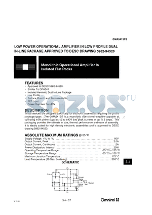 5962-94520 datasheet - Monolithic Operational Amplifier In Isolated Flat Packs