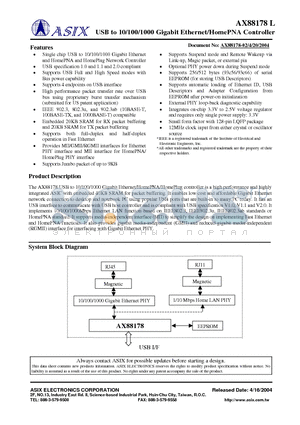 AX88178 datasheet - USB to 10/100/1000 Gigabit Ethernet/HomePNA Controller