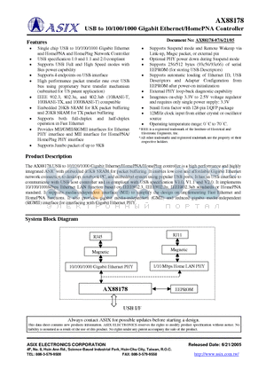 AX88178 datasheet - USB to 10/100/1000 Gigabit Ethernet/HomePNA Controller