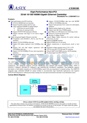 AX88180 datasheet - High-Performance Non-PCI 32-bit 10/100/1000M Gigabit Ethernet Controller