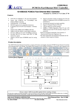 AX88190 datasheet - PCMCIA Fast Ethernet MAC Controller