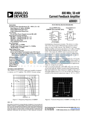 5962-9459301MPA datasheet - 800 MHz, 50 mW Current Feedback Amplifier