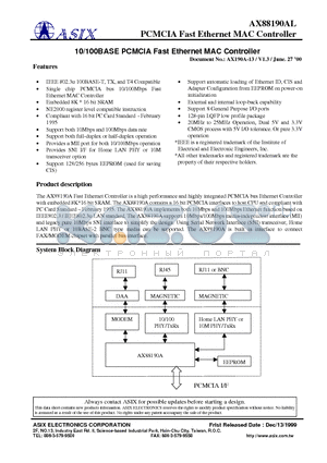 AX88190AL datasheet - PCMCIA Fast Ethernet MAC Controller