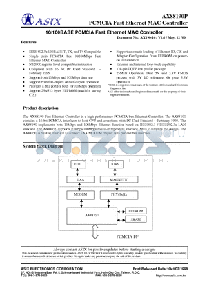 AX88190P datasheet - 10/100BASE PCMCIA Fast Ethernet MAC Controller