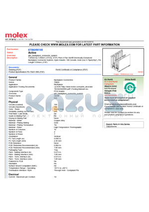 0758340105 datasheet - 1.85mm by 1.85mm (.073 by .073) Pitch 2-Pair GbX^ Electrically Enhanced Backplane Connector System, Open Header, 100 Circuits, Gold (Au) 0.76lm(30l)