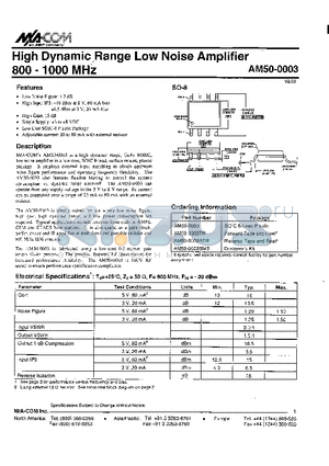 AM50-0003SMB datasheet - High Dynamic Range Low Noise Amplifier 800-1000 MHz