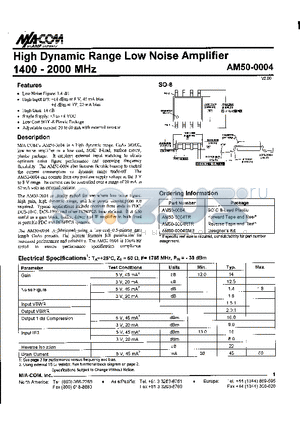 AM50-0004RTR datasheet - High Dynamic Range Low Noise Amplifier  1400-2000 MHz