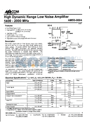 AM50-0004TR datasheet - High Dynamic Range Low Noise Amplifier  1400-2000 MHz