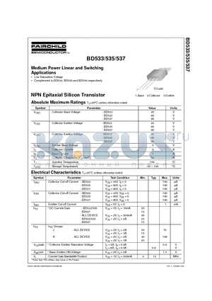 BD537 datasheet - Medium Power Linear and Switching Applications