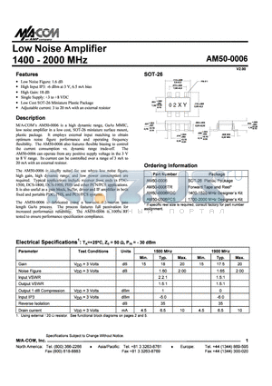 AM50-0006PDC datasheet - Low Noise Amplifier 1400 - 2000 MHz