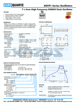 200.00XOV91025ITA datasheet - 7 x 5mm High Frequency HCMOS Clock Oscillator