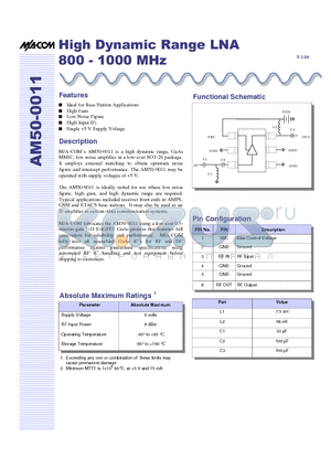 AM50-0011SMB datasheet - High Dynamic Range LNA 800 - 1000 MHz