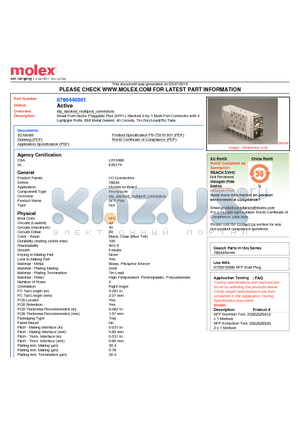 0760440001 datasheet - Small Form-factor Pluggable Plus (SFP) Stacked 2-by-1 Multi-Port Connector with 4 Lightpipe Ports, EMI Metal Gasket, 40 Circuits, Tin (Sn)/Lead(Pb) Tails