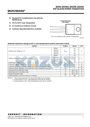 BD540 datasheet - PNP SILICON POWER TRANSISTORS