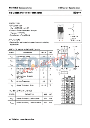 BD540 datasheet - isc Silicon PNP Power Transistor