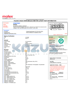 0760475001 datasheet - Small Form-factor Pluggable Plus (SFP) Stacked 2-by-5 Multi-Port Connector with 4 Lightpipe Ports, EMI Metal Gasket, 200 Circuits, Tin (Sn) Tails