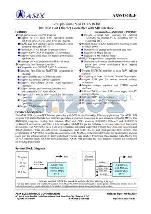 AX88196BLF datasheet - Low-pin-count Non-PCI 8/16-bit 10/100M Fast Ethernet Controller with MII Interface