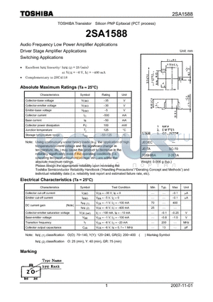 2SA1588 datasheet - Audio Frequency Low Power Amplifier Applications Driver Stage Amplifier Applications Switching Applications