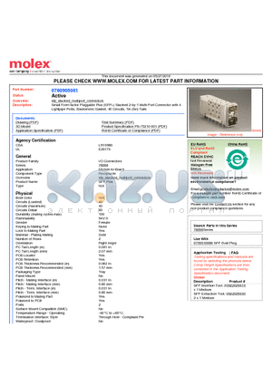 0760905001 datasheet - Small Form-factor Pluggable Plus (SFP) Stacked 2-by-1 Multi-Port Connector with 4 Lightpipe Ports