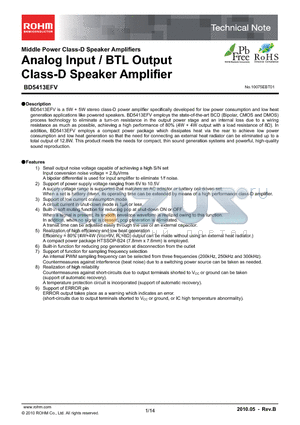 BD5413EFV-E2 datasheet - Analog Input / BTL Output Class-D Speaker Amplifier
