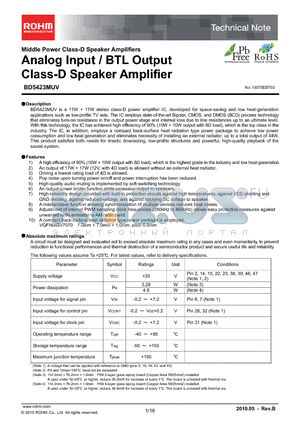 BD5423MUV datasheet - Analog Input / BTL Output Class-D Speaker Amplifier