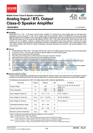 BD5423MUV-E2 datasheet - Analog Input / BTL Output Class-D Speaker Amplifier