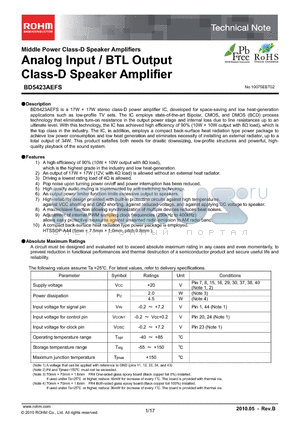 BD5423AEFS_10 datasheet - Analog Input / BTL Output Class-D Speaker Amplifier