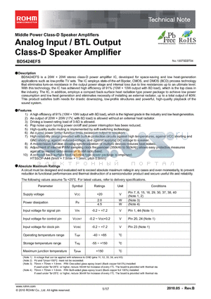 BD5424EFS_10 datasheet - Analog Input/BTL Output Class-D Speaker Amplifier