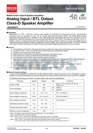 BD5426EFS_10 datasheet - Analog Input / BTL Output Class-D Speaker Amplifier