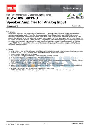 BD5426MUV datasheet - 10W10W Class-D Speaker Amplifier for Analog Input