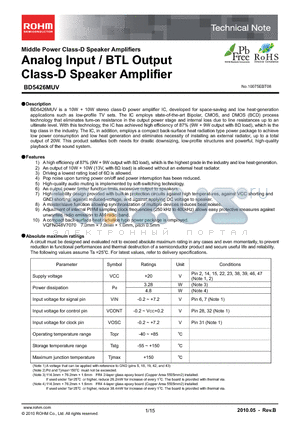 BD5426MUV-E2 datasheet - Analog Input / BTL Output Class-D Speaker Amplifier