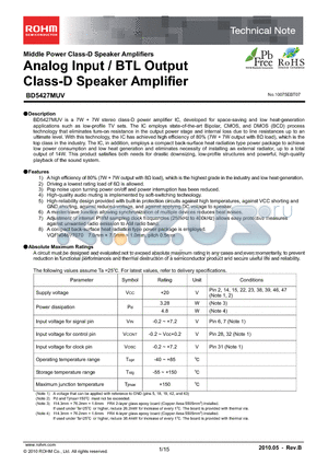 BD5427MUV datasheet - Analog Input / BTL Output Class-D Speaker Amplifier