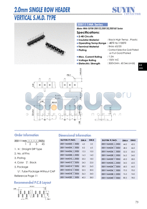 200111MA datasheet - 2.0mm SINGLE ROW HEADER VERTICAL S.M.D. TYPE