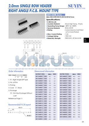 200110MR datasheet - 2.0mm SINGLE ROW HEADER RIGHT ANGLE P.C.B. MOUNT TYPE